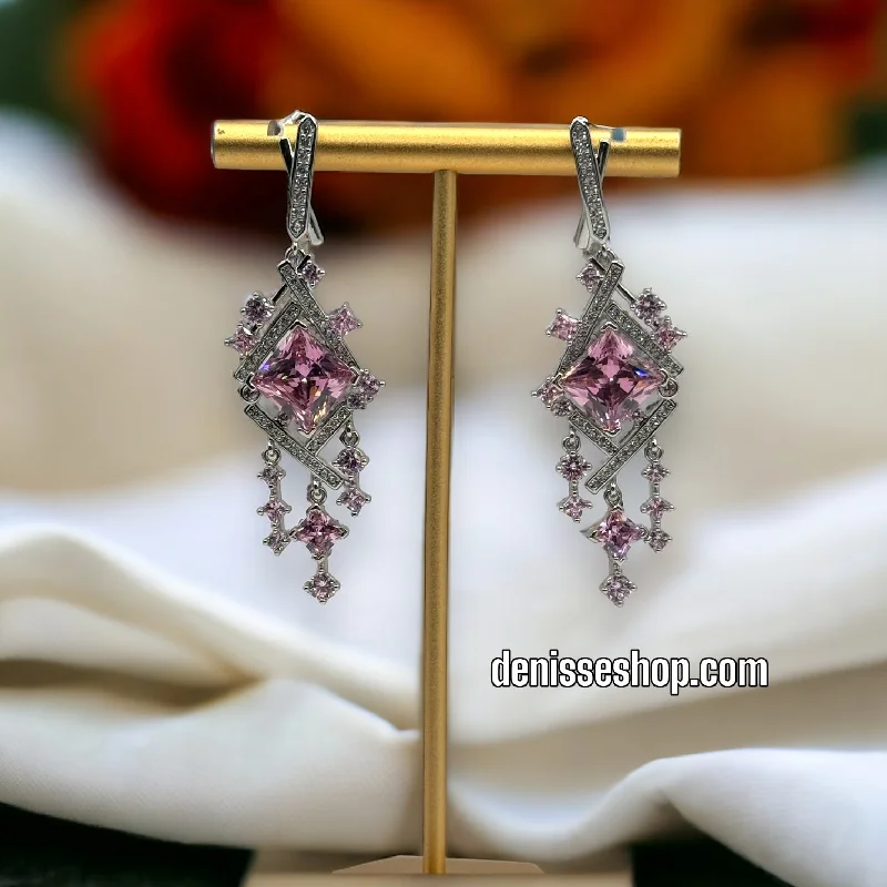 Black Crystal Earrings-Silver Pink Stone Earrings E335