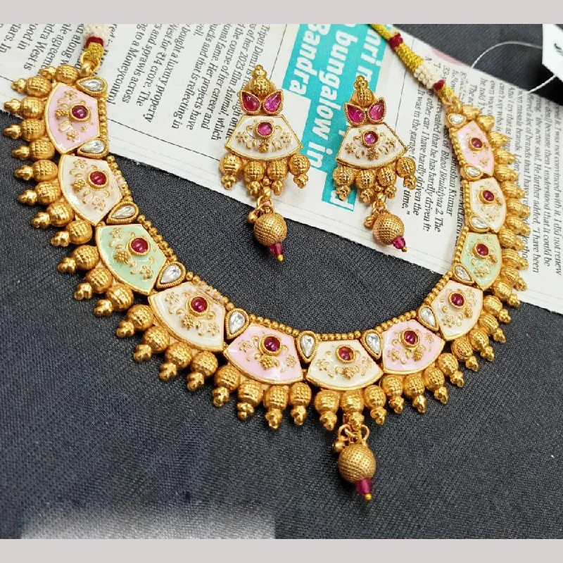 Large Gemstone Necklaces-Padmawati Bangles Gold Plated Pota Stone And Pearls Meenakari Necklace Set