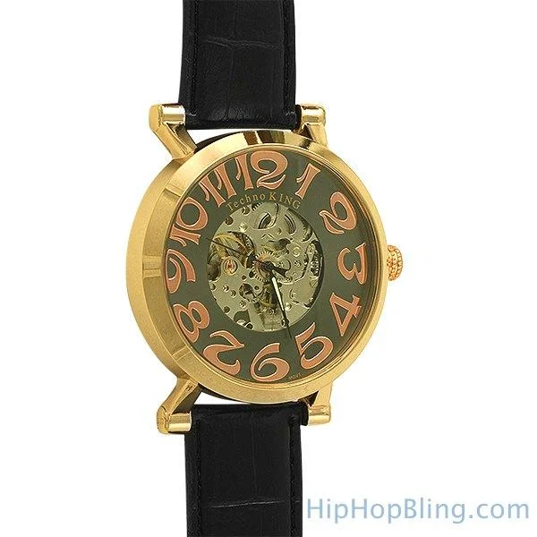 High-End Mechanical Watches-Gold Skeleton Automatic Watch Leather Band