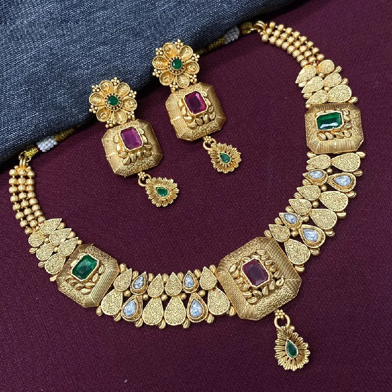 Silver Heart Necklaces-Royal Kundan Jewellery Gold Plated Pota Stone Necklace Set