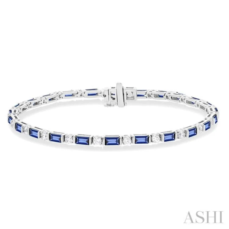 Silver Charm Bracelets-1 1/10 ctw Art Deco 4X2MM Baguette Cut Sapphire and Round Cut Diamond Precious Tennis Bracelet in 14K White Gold