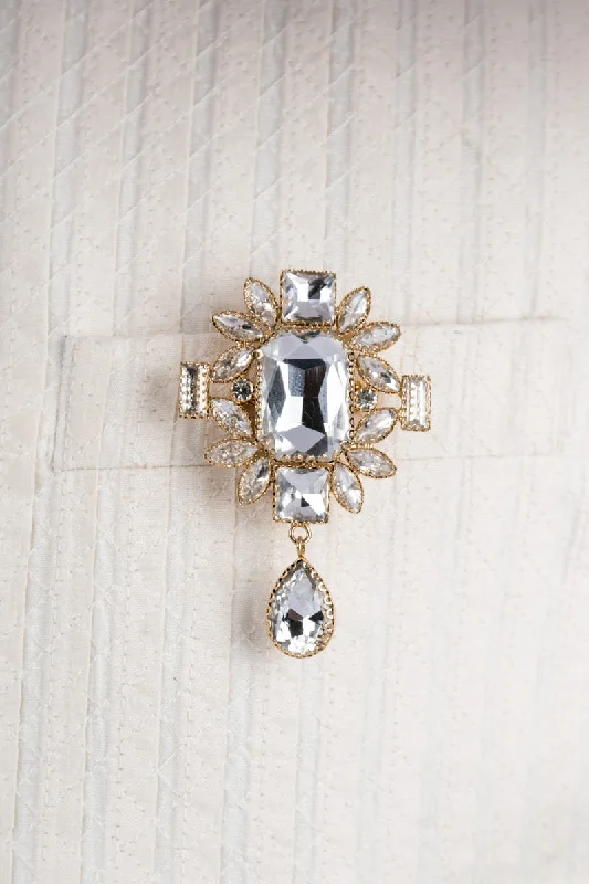 Custom Floral Brooch-Transparent Rectangular Crystal Brooch With Drop Detailing