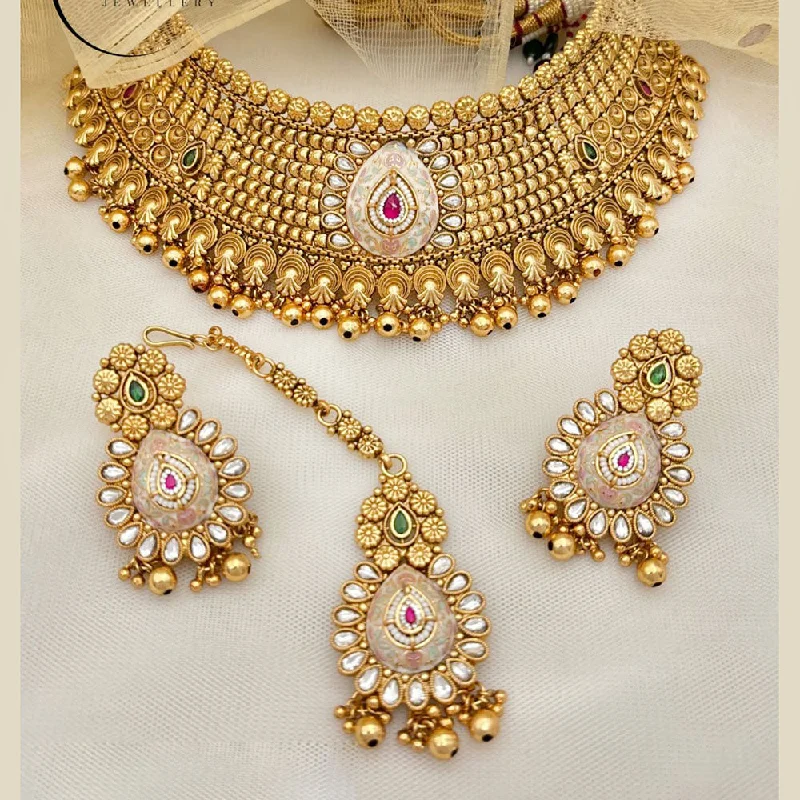 Rose Quartz Crystal Necklaces-Jewel Addiction Gold Plated Rajwadi Finish Pota Stone Choker  Necklace Set