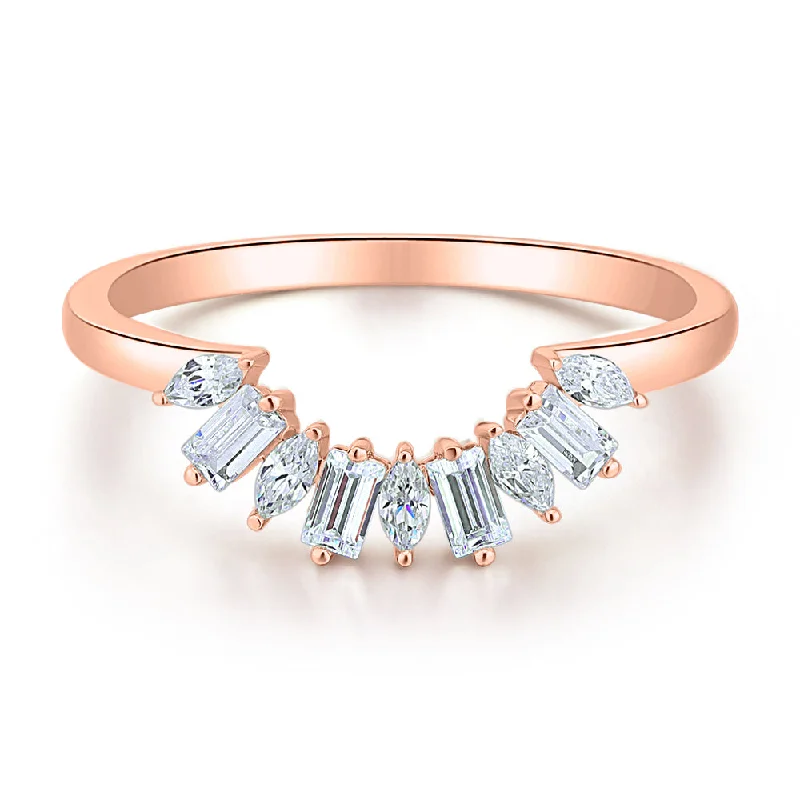 Custom Couples Rings-Baguette curved wedding or eternity band with 0.45 carats* of diamond simulants in 10 carat rose gold