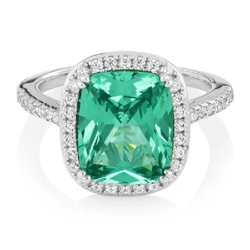 Custom Signet Rings-Dress ring with ocean green simulant and 0.40 carats* of diamond simulants in sterling silver