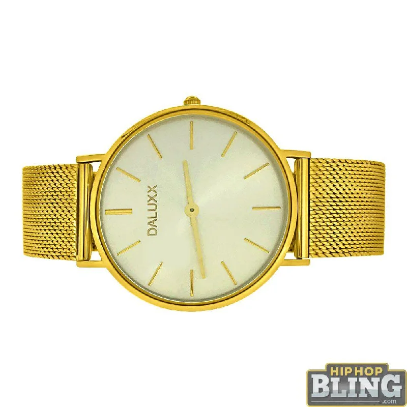 Timeless Classic Watches-Slim Case Watch Gold Mesh Band Silver Dial