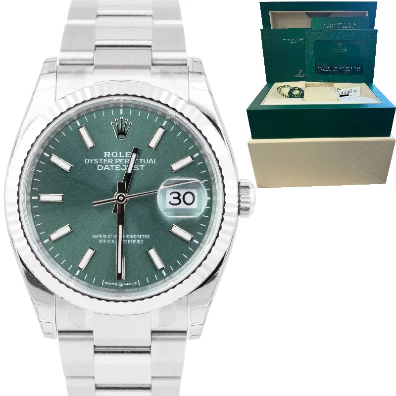 Women’s Solar Powered Watches-STICKERED 2022 Rolex DateJust 36mm Mint Green Steel 18K Gold Oyster Watch 126234