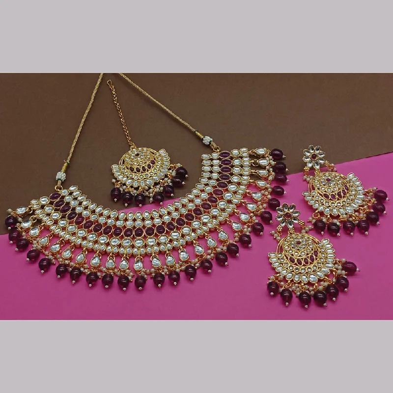 Simple Heart Necklaces-India Art Gold Plated Kundan Stone And Pearls Necklace Set