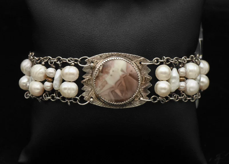 Beautiful Pearl Bracelets for Brides-Julie Shaw - Vintage Handmade Sterling Silver and 14K Gold, Jasper and Pearls Bracelet - 7.5"