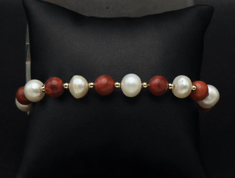 Custom Stackable Bracelets-Vintage 14K Gold Red Coral and Cultured Pearl Bracelet