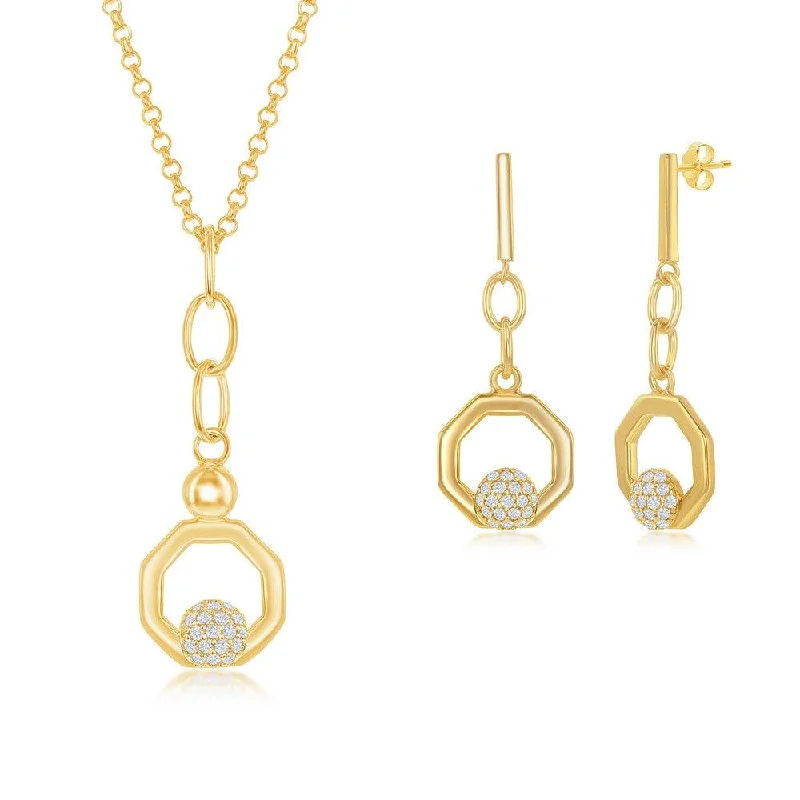 Affordable Silver Earrings-Sterling Silver Round Micro Pave CZ Open Hexagon Pendant & Earrings Set With Chain - Gold Plated