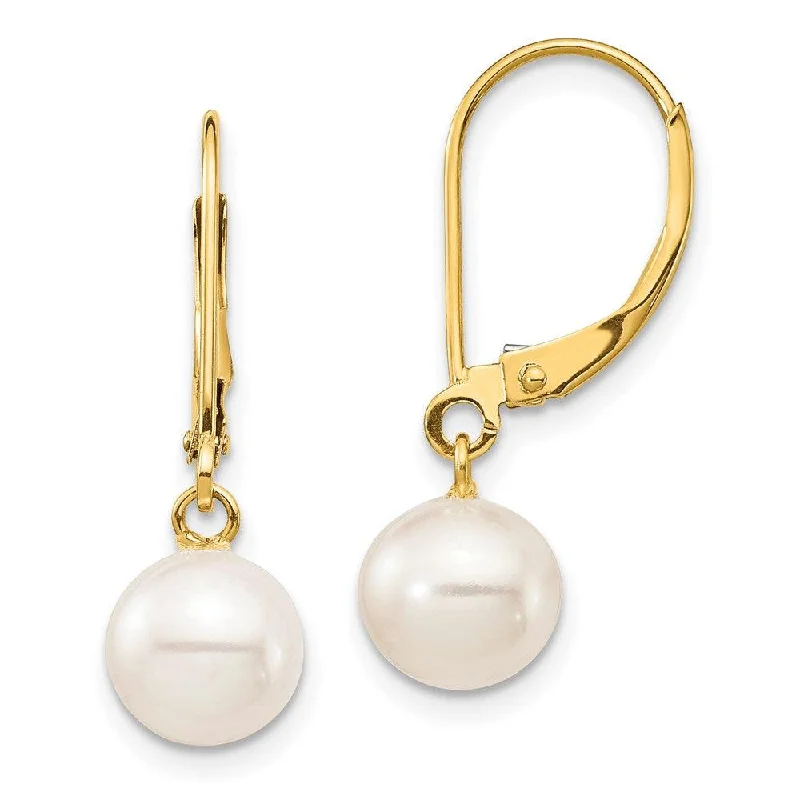 Wedding Earrings for Brides-14K 7-8mm White Round Freshwater Cultured Pearl Leverback Earrings