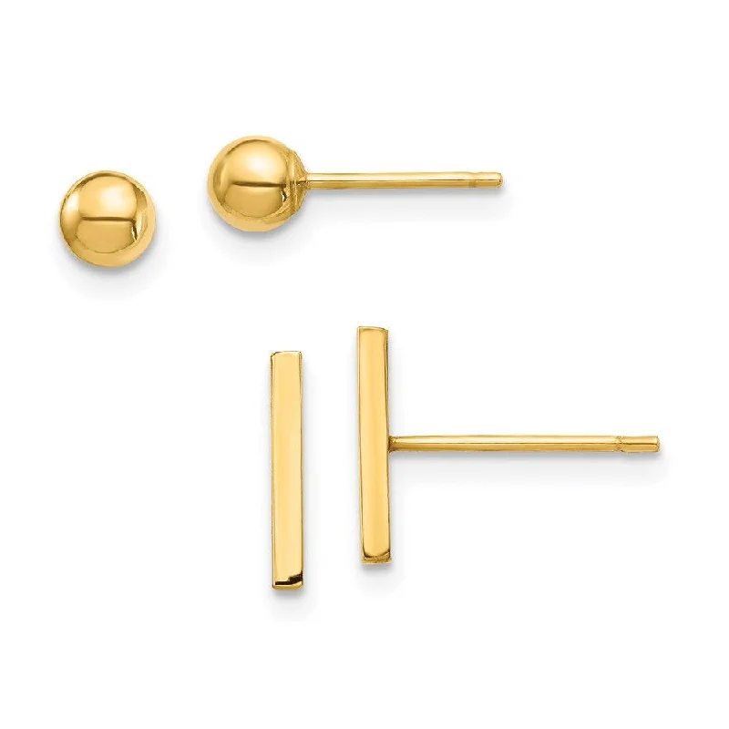 Geometric Gold Earrings-14K Bar and Ball Post Earrings Set