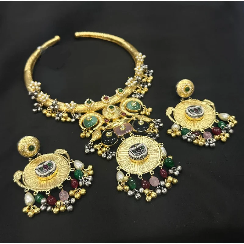 Elegant Rose Gold Necklaces-Akruti Collection Gold Plated Pota Stone And Pearls Necklace Set