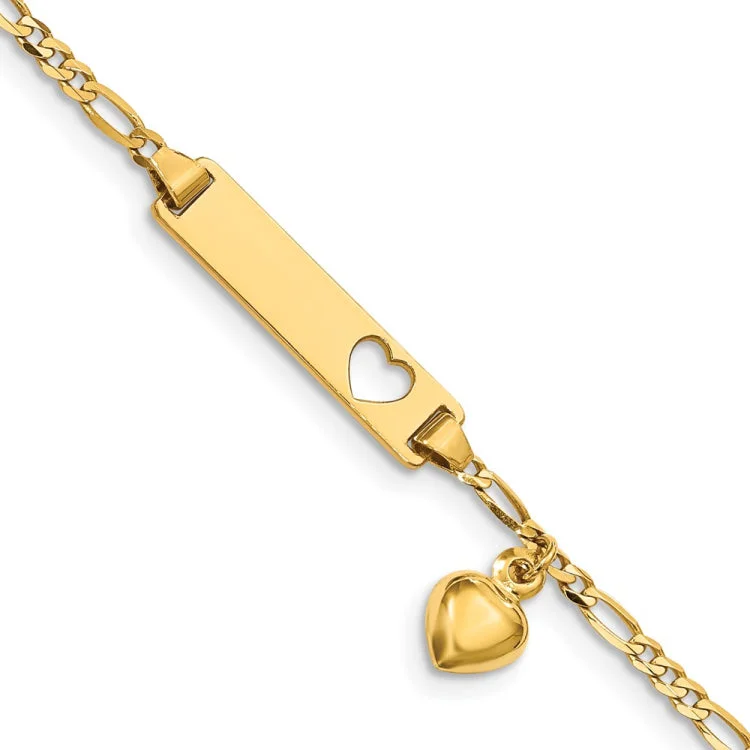 Rose Gold Beaded Bracelets-14k Cut-out Heart w/Dangling Heart Children's Figaro Link ID Bracelet