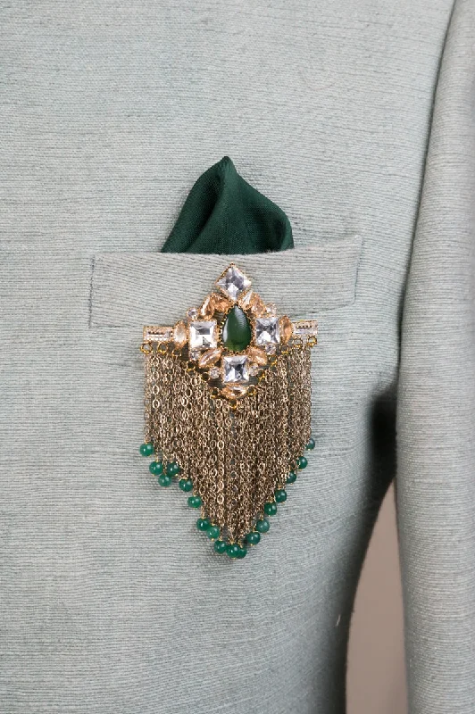 Unique Art Deco Brooch-Ornate Emerald Crystal Metal Chain Brooch