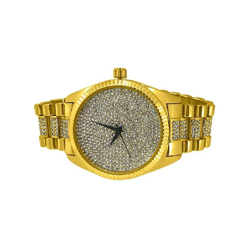 Solar-Powered Wrist Watches-Gold Bling Bling Dress Watch Bracelet Set