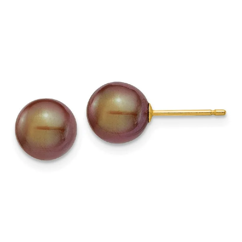 Elegant Drop Earrings for Weddings-14k 7-8mm Coffee Round Freshwater Cultured Pearl Stud Post Earrings