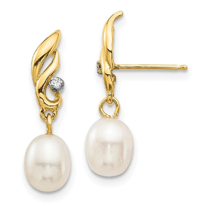 Cute Animal Earrings-14K 5-6mm White Rice FW Cultured Pearl .02ct Diamond Dangle Earrings