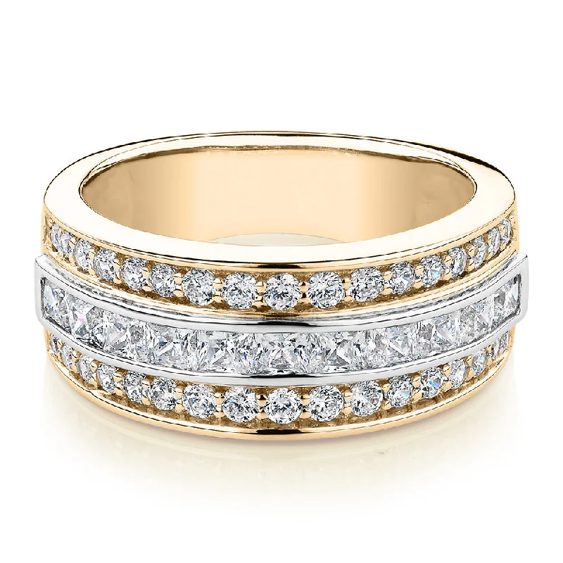 White Gold Engagement Rings-Princess Cut and Round Brilliant Dress ring with 1.62 carats* of diamond simulants in 10 carat yellow and white gold