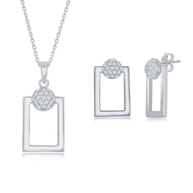 Elegant Rose Gold Earrings-Sterling Silver Round Micro Pave CZ Open Rectangle Pendant & Earrings Set With Chain