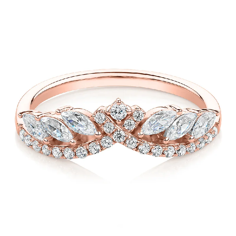 Simple Rose Gold Rings-Marquise curved wedding or eternity band with 0.76 carats* of diamond simulants in 10 carat rose gold