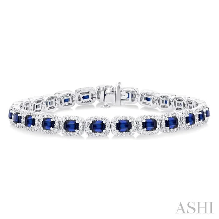 Beautiful Gold Charm Bracelets-2 1/5 ctw 4X3MM Sapphire and Round Cut Diamond Halo Precious Tennis Bracelet in 14K White Gold