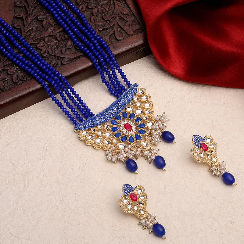 Handcrafted Gold Necklaces-Asmitta Gold Plated Kundan And Meenakari Long Necklace Set