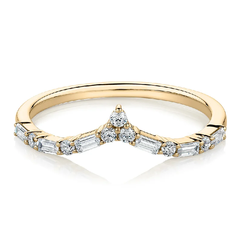 Men's Fashion Rings-Baguette curved wedding or eternity band with 0.39 carats* of diamond simulants in 10 carat yellow gold