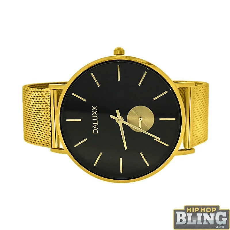 Classic Leather Strap Watches-Gold Subdial Mesh Band Watch Black Dial