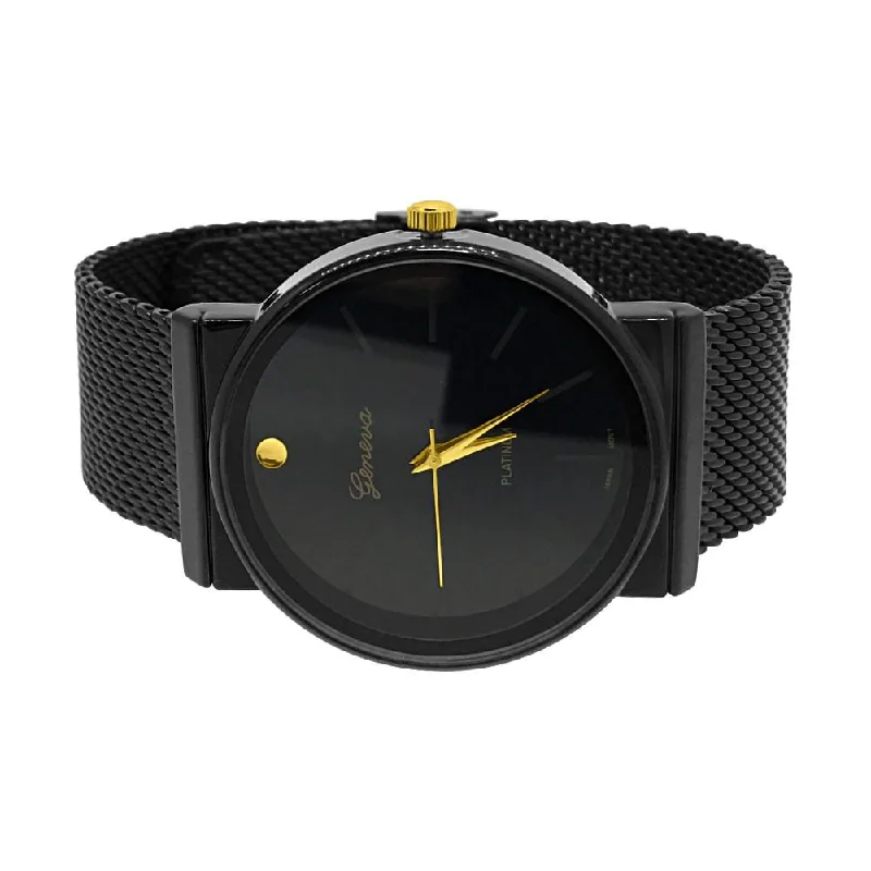 Women’s Watches with Leather Strap-Smooth Round All Black Mesh Band Watch