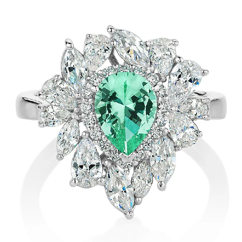 Birthstone Rings for Couples-Dress ring with ocean green simulant and 2.42 carats* of diamond simulants in sterling silver