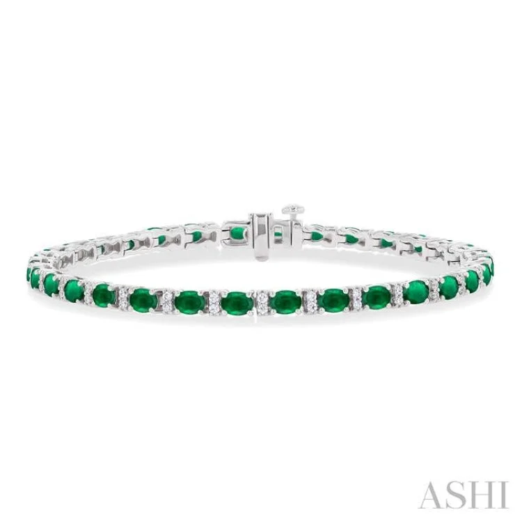 Engraved Leather Bracelets-1/3 ctw Oval Cut 4X3MM Emerald and Round Cut Diamond Precious Bracelet in 14K White Gold