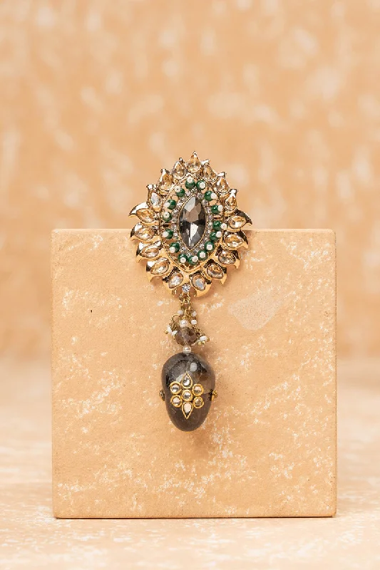 Custom Brooch for Special Occasions-Oval Crystal Brooch with Dark Green Drop