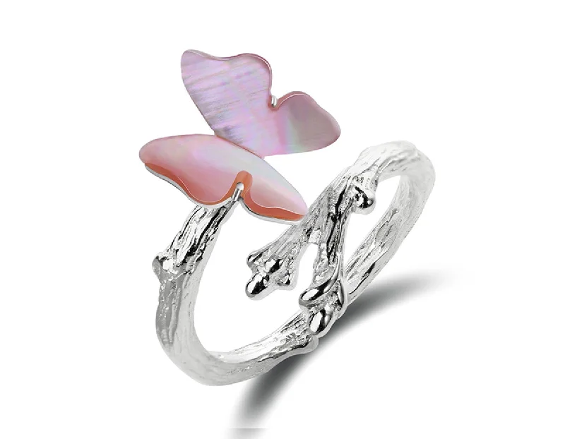 Chunky Silver Rings-Butterfly On Branch Ring