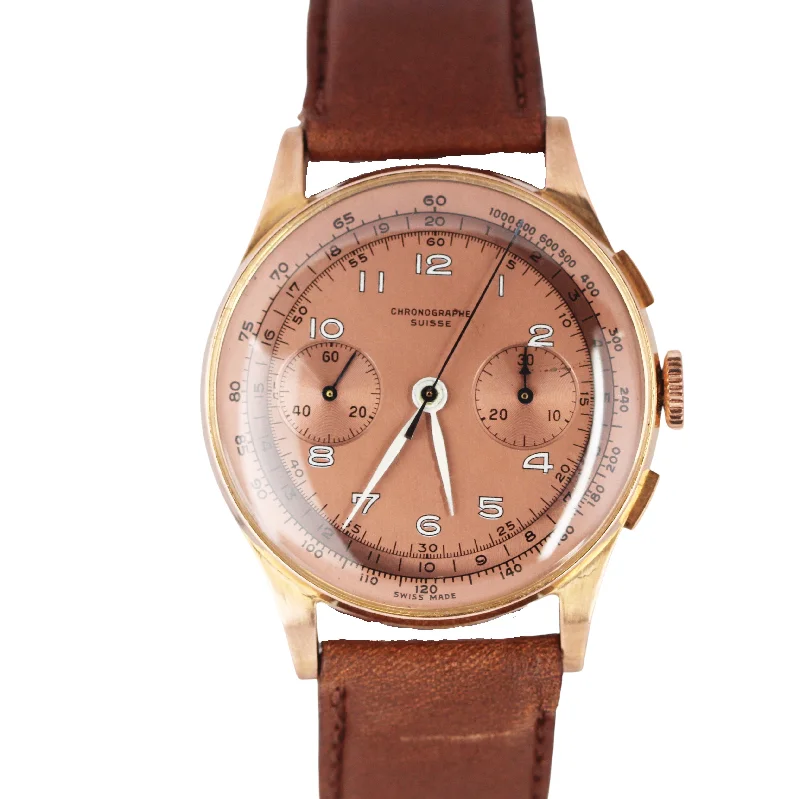 Retro Style Watches-Vintage Suisse Chronograph 18k Yellow Gold Salmon Dial 36mm Brown Leather Watch