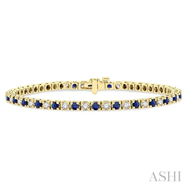 Colorful Leather Bracelets-1 1/2 ctw Square Box Link 2.5MM Sapphire and Round Cut Diamond Precious Tennis Bracelet in 14K Yellow Gold