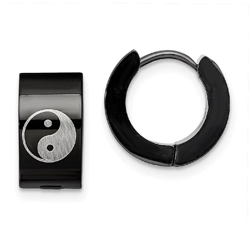 Elegant Round Earrings-Stainless Steel Yin Yang Black IP Plated Hinged Hoop Earrings