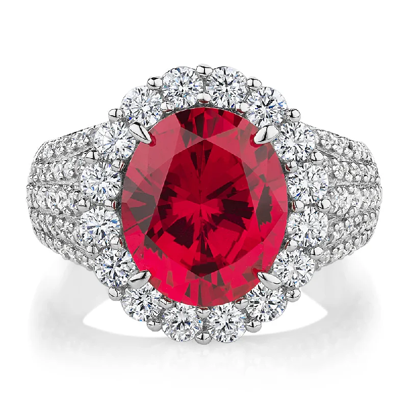 Wedding Rings with Diamonds-Dress ring with ruby simulant and 1.83 carats* of diamond simulants in sterling silver