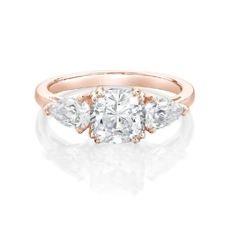 Elegant Titanium Rings-Three stone ring with 2.5 carats* of diamond simulants in 10 carat rose gold