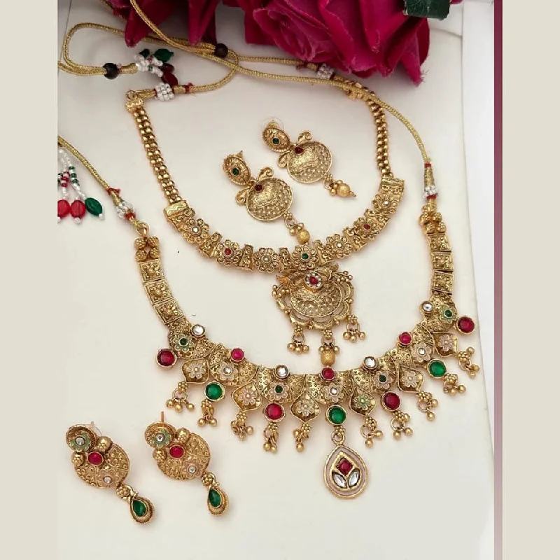 Beautiful Gold Chain Necklaces-FS Collection Gold Plated Pota Stone Double Necklace Set