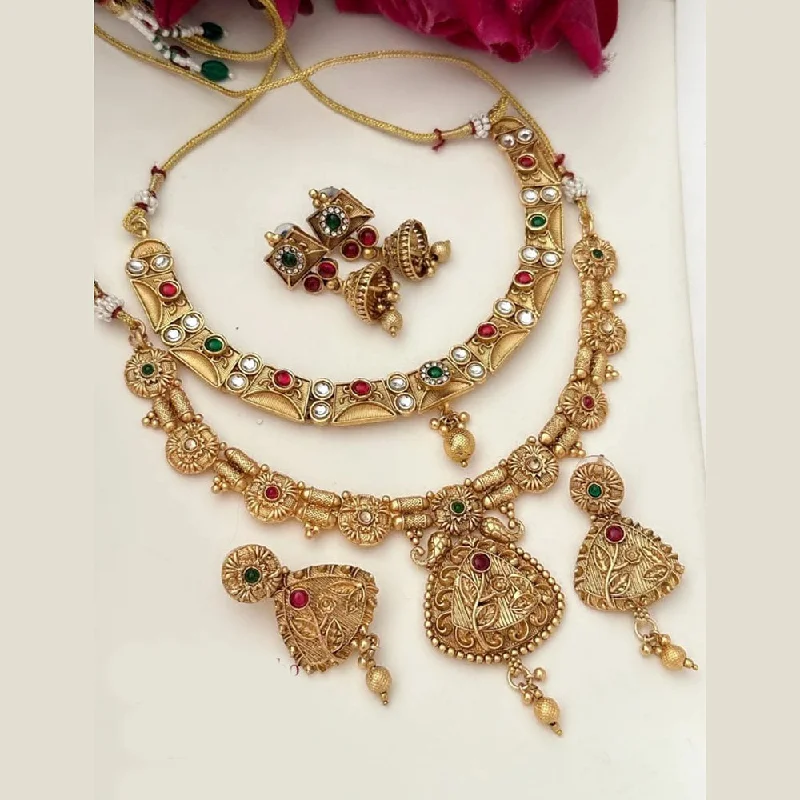 Elegant Layered Gold Necklaces-FS Collection Gold Plated Pota Stone Double Necklace Set