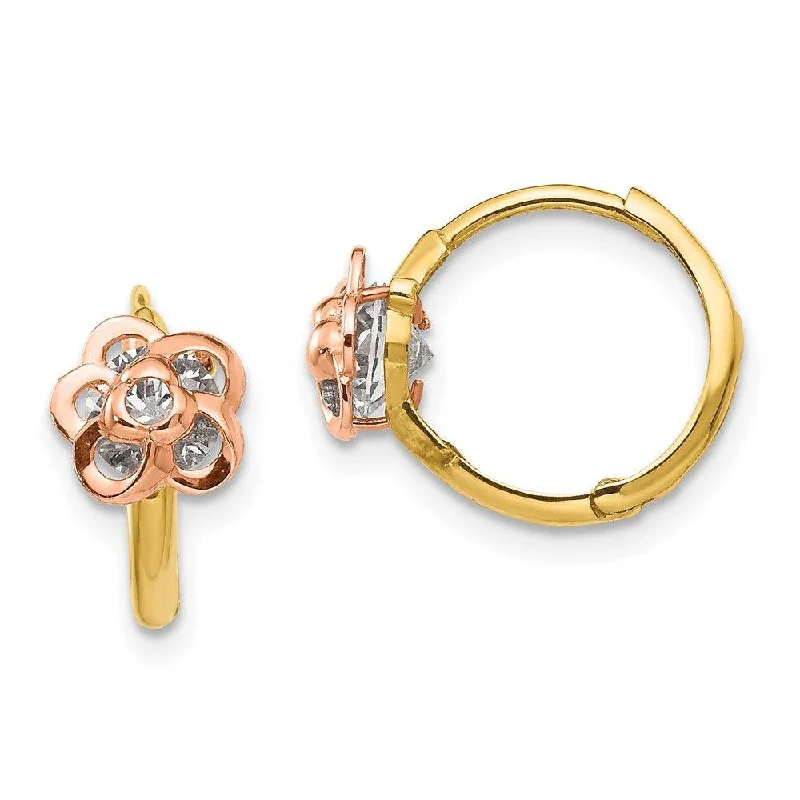 Chic Dangle Earrings-Madi K Kid's 14k Yellow & Rose Gold  CZ Flower Hinged Hoop Earrings