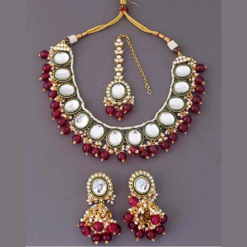 Birthstone Pendant Necklaces-India Art Gold Plated Kundan Stone And Pearls Necklace Set