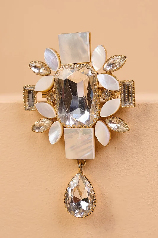 Handmade Artistic Brooch-Mother Of Pearl Stone Brooch with Centre Crystal