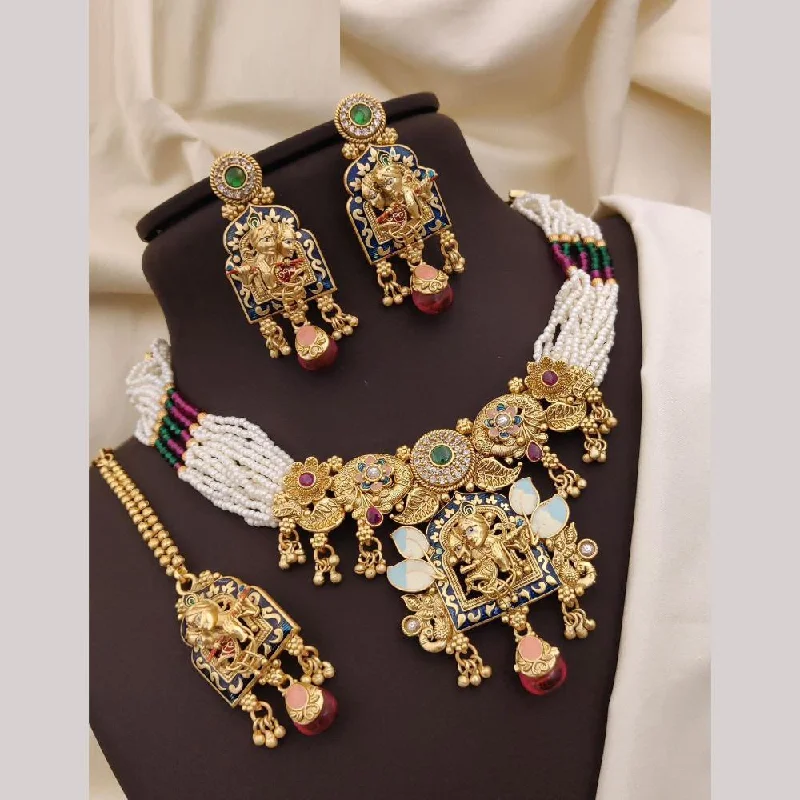 Silver Pendant Necklaces-Neetu Art Gold Plated Pota Stone And Meenakari Pearls Necklace Set