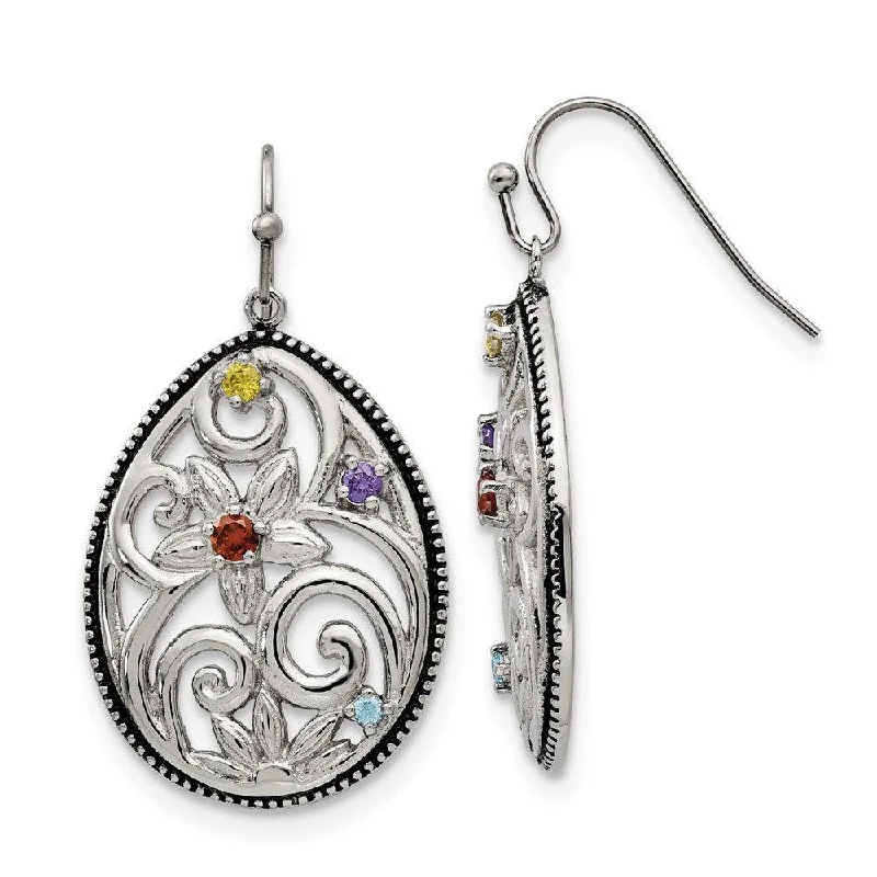 Chic Silver Hoops-Stainless Steel Polished/Antiqued Multicolor CZ Earrings