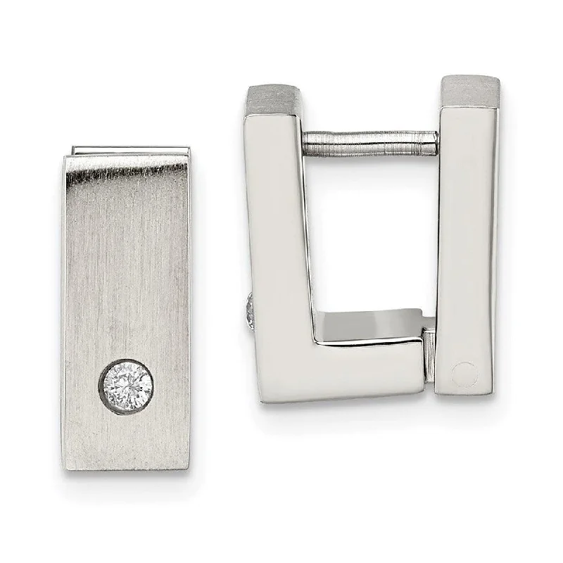 Fine Jewelry Earrings-Stainless Steel CZ Brushed & Polished Hinged Square Hoop Earrings