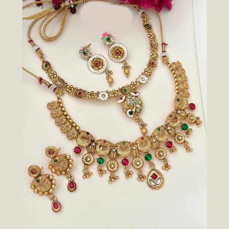 Multi-Colored Crystal Necklaces-FS Collection Gold Plated Pota Stone And Meenakari Double Necklace Set