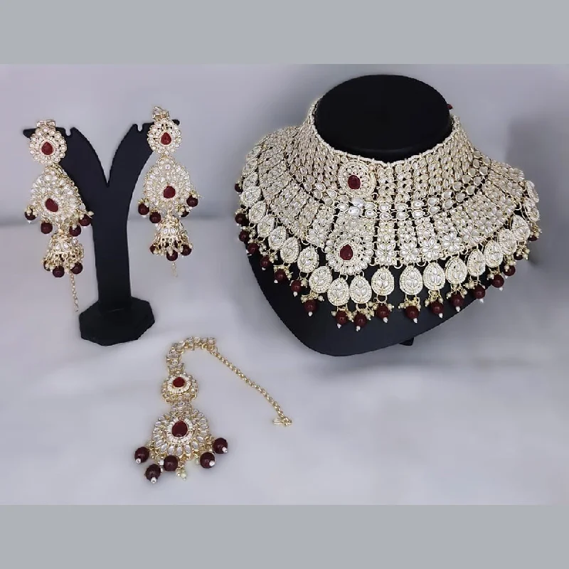 Luxury Necklaces with Diamonds-Gehana Mahal Gold Plated Kundan Stone Semi Bridal Necklace Set